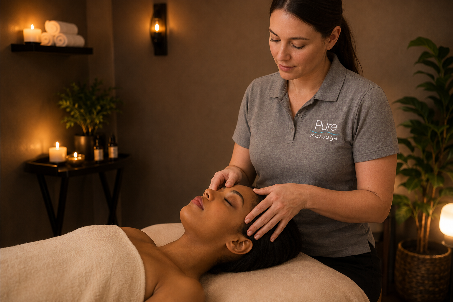 Guest receiving a soothing scalp massage during a Pure Massage enhancement